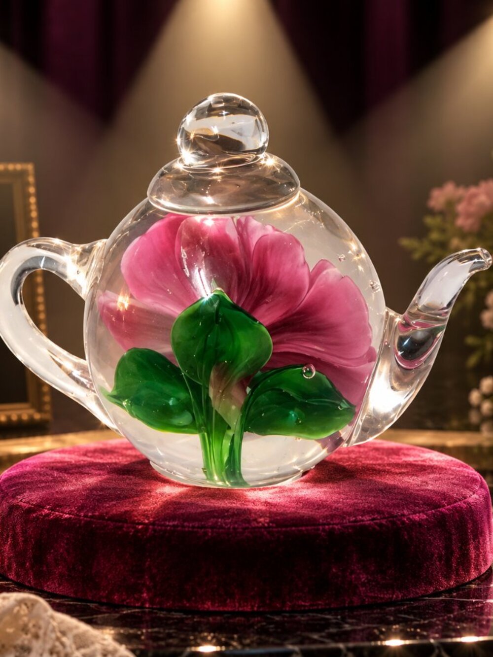 Dynasty Gallery Heirloom Glass Teapot Paperweight Pink Rose Art Glass Figurine